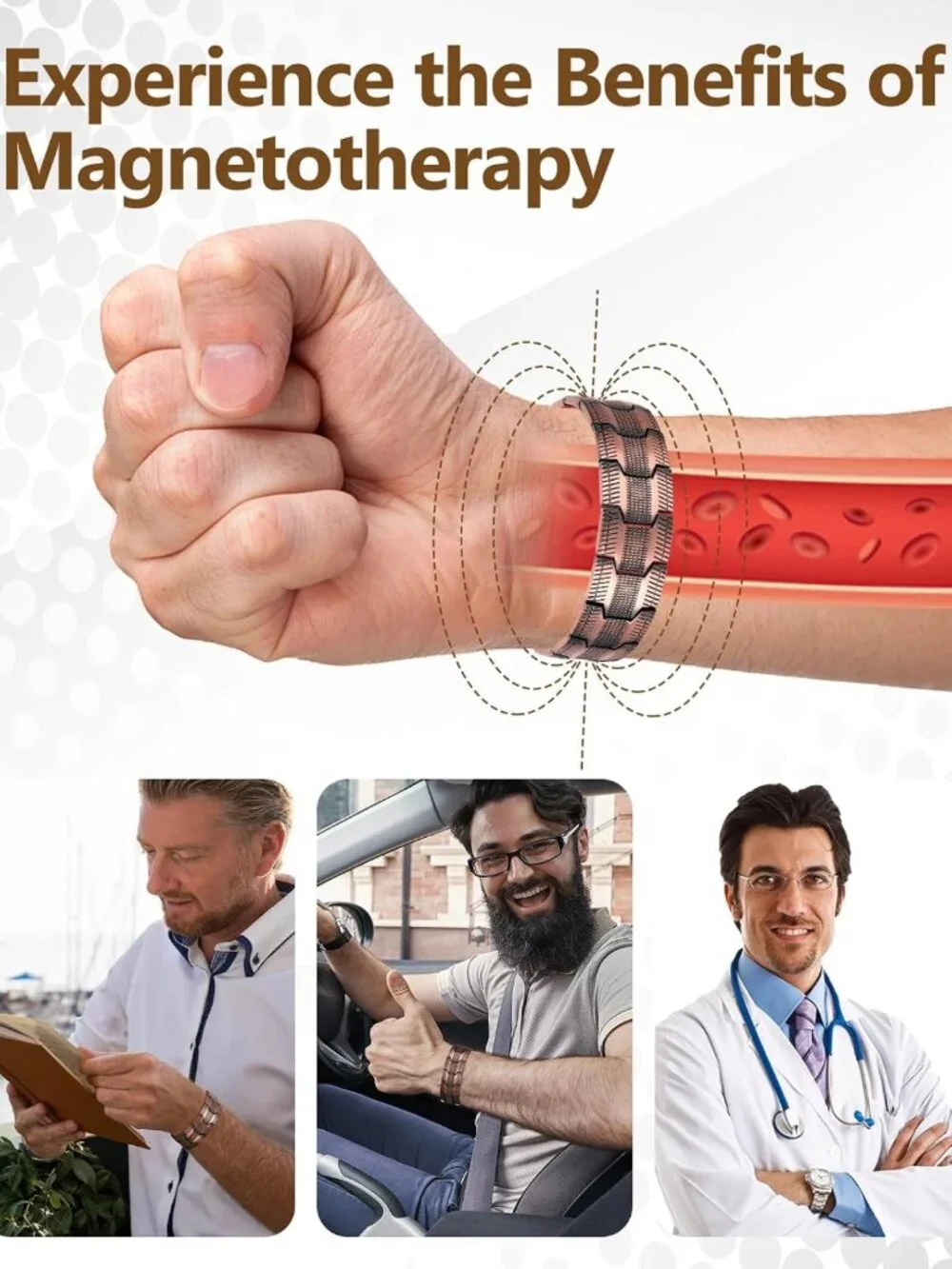 Men's Copper Magnetic Bracelet - Adjustable, 3X Strength Neodymium Magnets, 3500
